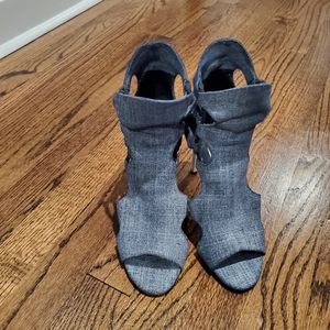 Jimmy Choo Blue Denim Cut Out Lace Detail Lucky Peep Toe Sandals